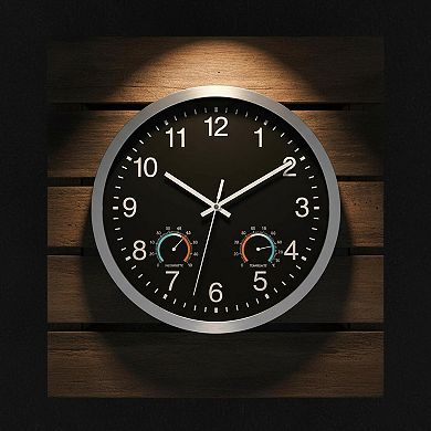 12 Inch Sealed Waterproof Indoor Outdoor Clock Thermometer Hygrometer Silent Quartz Metal Wall Clock