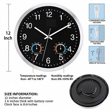 12 Inch Sealed Waterproof Indoor Outdoor Clock Thermometer Hygrometer Silent Quartz Metal Wall Clock