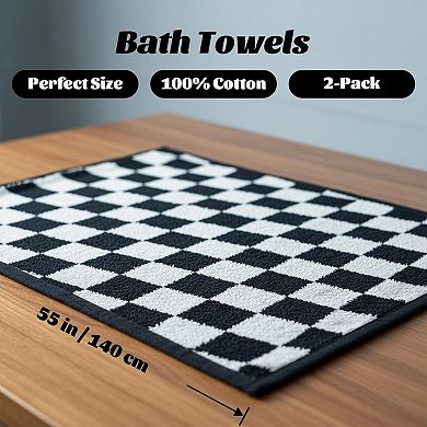 Checkered Cotton Bath Towels Set of 2 Soft Absorbent Quick Dry 520GSM