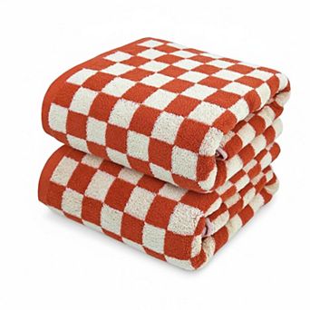 Checkered Cotton Bath Towels Set of 2 Soft Absorbent Quick Dry 520GSM