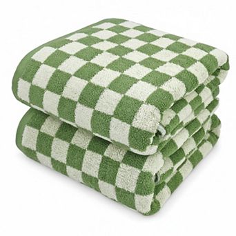 Checkered Cotton Bath Towels Set of 2 Soft Absorbent Quick Dry 520GSM