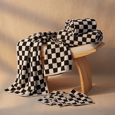 8 Piece Cotton Towel Set Checkered Bath Hand Washcloths Absorbent Durable