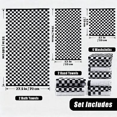 8 Piece Cotton Towel Set Checkered Bath Hand Washcloths Absorbent Durable