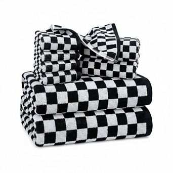8 pc Cotton Towel Set Checkered Bath Hand Washcloths Absorbent Durable