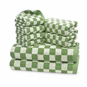 8 pc Cotton Towel Set Checkered Bath Hand Washcloths Absorbent Durable