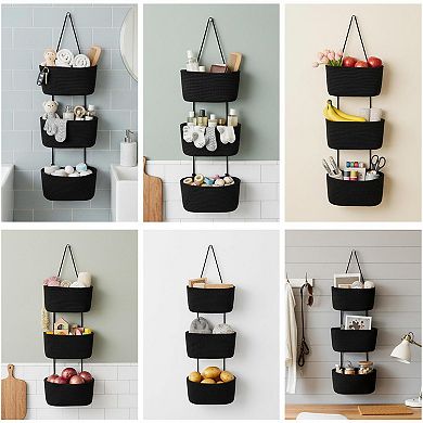 3 Tier Woven Cotton Hanging Basket Over Door Storage Organizer Decorative