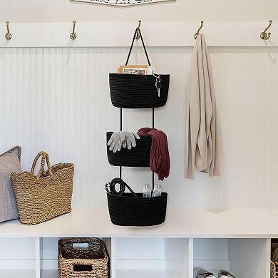 3 Tier Woven Cotton Hanging Basket Over Door Storage Organizer Decorative