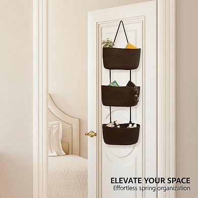 3 Tier Woven Cotton Hanging Basket Over Door Storage Organizer Decorative
