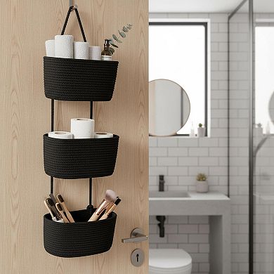 3 Tier Woven Cotton Hanging Basket Over Door Storage Organizer Decorative