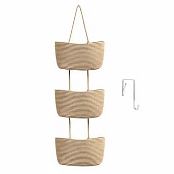 3 tier Woven Cotton Hanging Basket Over Door Storage Organizer Decorative