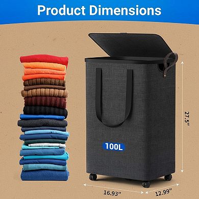 Collapsible Laundry Basket with Wheels Lid Large Rolling Hamper for Bedroom Bathroom Dorm