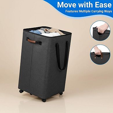 Collapsible Laundry Basket with Wheels Lid Large Rolling Hamper for Bedroom Bathroom Dorm