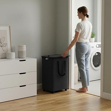 Collapsible Laundry Basket with Wheels Lid Large Rolling Hamper for Bedroom Bathroom Dorm