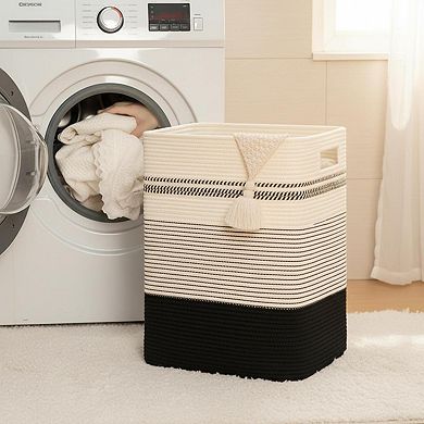 Large Woven Rope Laundry Basket Tall With Handles Decorative Storage For Clothes Blankets