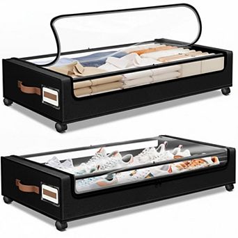 2pack Under Bed Storage Rolling Drawers Clear Window Leather Handles 360°Wheels Folding for Clothes
