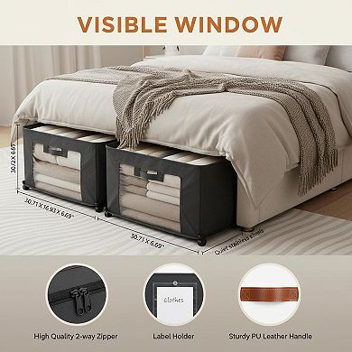 2pack Under Bed Storage Rolling Drawers Clear Window Leather Handles 360°Wheels Folding for Clothes