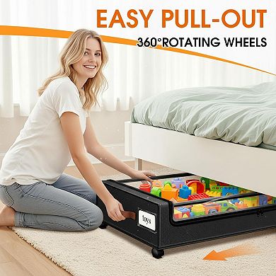 2pack Under Bed Storage Rolling Drawers Clear Window Leather Handles 360°Wheels Folding for Clothes