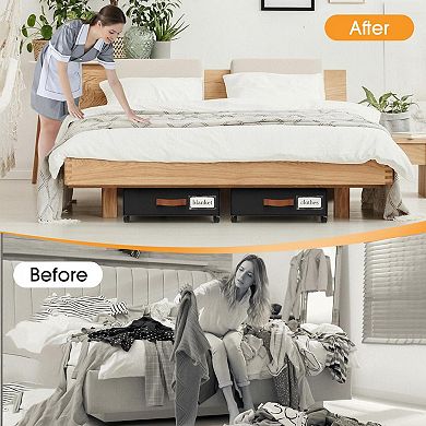 2pack Under Bed Storage Rolling Drawers Clear Window Leather Handles 360°Wheels Folding for Clothes