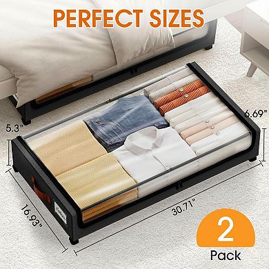 2pack Under Bed Storage Rolling Drawers Clear Window Leather Handles 360°Wheels Folding for Clothes
