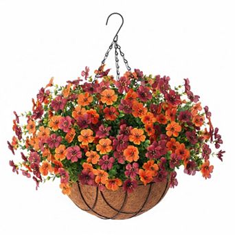 Artificial Hanging Silk Flower Basket (Eucalyptus, Chrysanthemums) UV Resistant Indoor Outdoor Decor