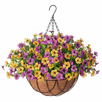 Artificial Silk Hanging Basket Flowers w/Eucalyptus UV-Resistant Faux Green Plant Outdoor Indoor