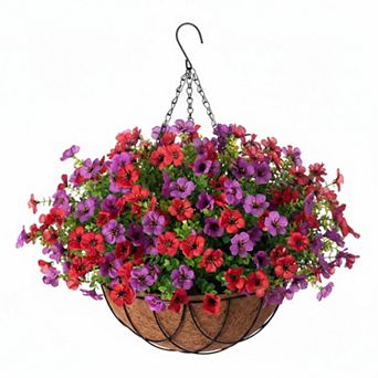 Artificial Silk Hanging Basket Flowers w/Eucalyptus UV-Resistant Faux Green Plant Outdoor Indoor