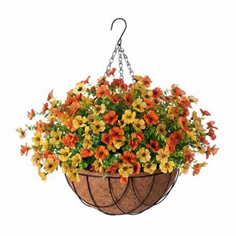 Artificial Silk Hanging Basket Flowers w/Eucalyptus UV-Resistant Faux Green Plant Outdoor Indoor