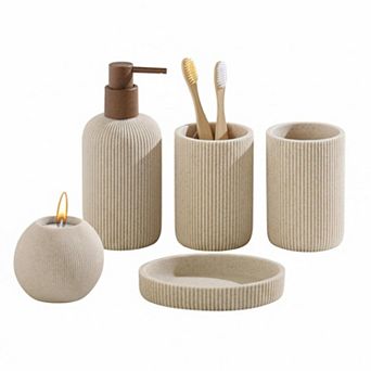 5 pc Bathroom Accessory Set Sandstone Stripe Soap Dispenser Toothbrush Holder Tumbler Tray Candle
