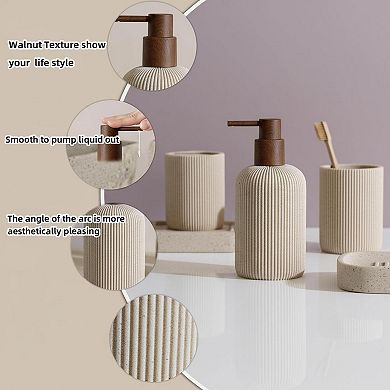 5 Piece Bathroom Accessory Set Sandstone Stripe Soap Dispenser Toothbrush Holder Tumbler Tray Candle