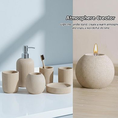 5 Piece Bathroom Accessory Set Sandstone Stripe Soap Dispenser Toothbrush Holder Tumbler Tray Candle