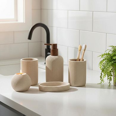 5 Piece Bathroom Accessory Set Sandstone Stripe Soap Dispenser Toothbrush Holder Tumbler Tray Candle