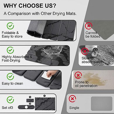 3 Large Diatomaceous Earth Dish Drying Mats Quick Dry Food Safe Foldable Multi Purpose