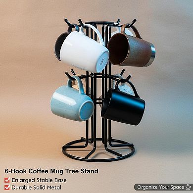 Coffee Mug Holder Countertop 6 Hooks Metal Stand for Large Mugs Stable Chrome Finish