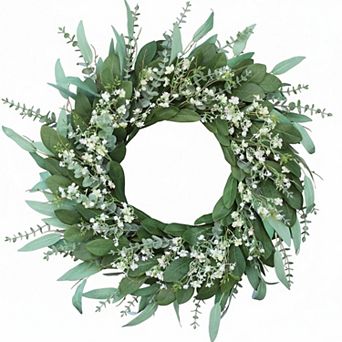26  Eucalyptus Breath Flowers Wreath Large Artificial Greenery Front Door Outdoor Porch Window