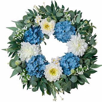 22 Inch Hydrangea Wreath Front Door Year Round with Eucalyptus Burlap Bow Farmhouse Decor