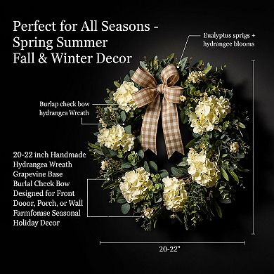 22 Inch Hydrangea Wreath Front Door Year Round with Eucalyptus Burlap Bow Farmhouse Decor