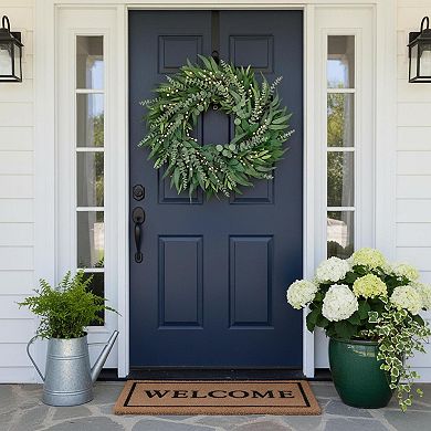 22 Inch Hydrangea Wreath Front Door Year Round with Eucalyptus Burlap Bow Farmhouse Decor