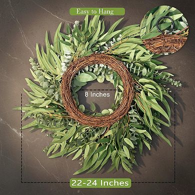 22 Inch Hydrangea Wreath Front Door Year Round with Eucalyptus Burlap Bow Farmhouse Decor