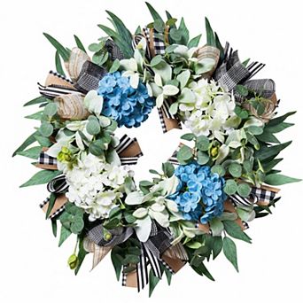 22 Inch Hydrangea Wreath Front Door Year Round with Eucalyptus Burlap Bow Farmhouse Decor