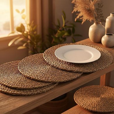 6 Pack Round Woven Water Hyacinth Placemats Heat Resistant Non Slip for Dining Fall Thanksgiving