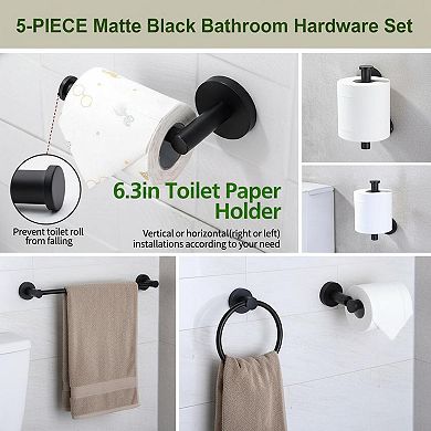 5pcs Matte Black Bathroom Hardware Set: 16" Towel Bars, Toilet Paper Holders, Rings, Robe Hooks