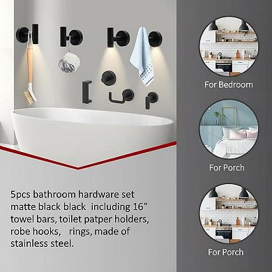5pcs Matte Black Bathroom Hardware Set: 16" Towel Bars, Toilet Paper Holders, Rings, Robe Hooks