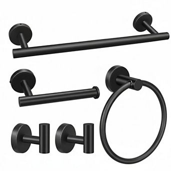 5 pc Matte Black Bathroom Hardware Set: 16" Towel Bars, Toilet Paper Holders, Rings, Robe Hooks