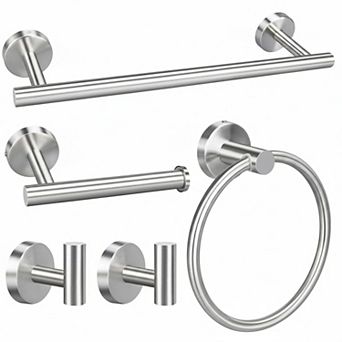 5 pc Matte Black Bathroom Hardware Set: 16" Towel Bars, Toilet Paper Holders, Rings, Robe Hooks