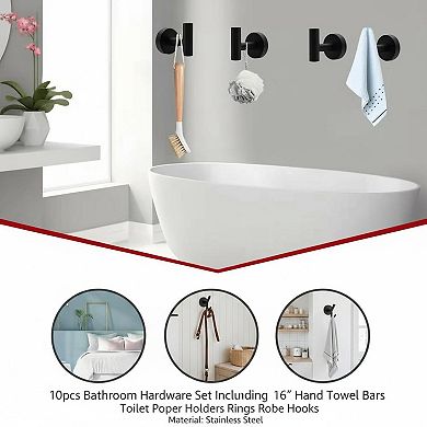 10-Piece Bathroom Hardware Set Stainless Steel Towel Bars Rings Toilet Paper Holders Robe Hooks