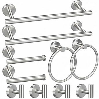 10 pc Bathroom Hardware Set Stainless Steel Towel Bars Rings Toilet Paper Holders Robe Hooks