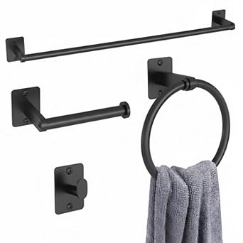 4 pc Brushed Nickel Bathroom Hardware Set Towel Bar Ring Hook Toilet Paper Holder