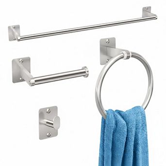 4 pc Brushed Nickel Bathroom Hardware Set Towel Bar Ring Hook Toilet Paper Holder
