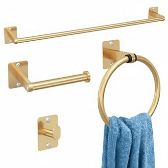 4 pc Brushed Nickel Bathroom Hardware Set Towel Bar Ring Hook Toilet Paper Holder