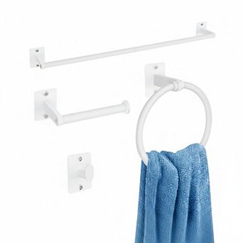 4 pc Brushed Nickel Bathroom Hardware Set Towel Bar Ring Hook Toilet Paper Holder